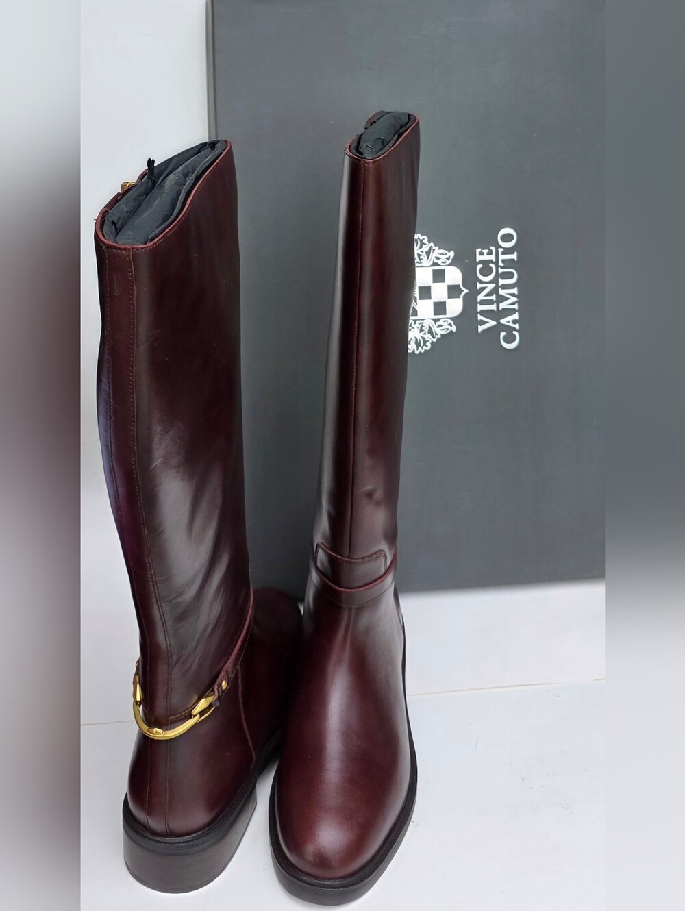 Vince Camuto Adria4 Women 9W Extra Wide Calf Leather Knee High Boots Mahogany